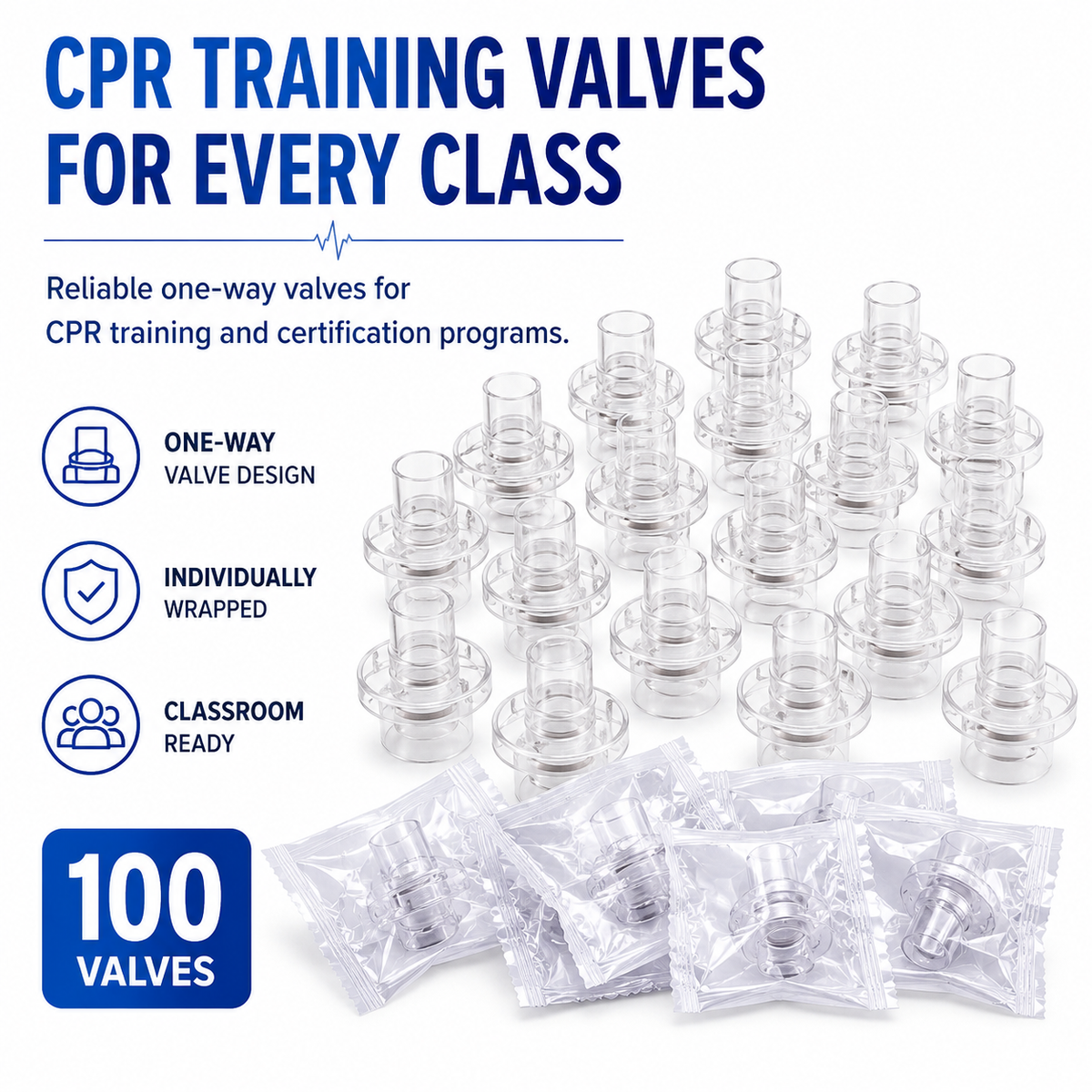 100 Pack - Practice CPR Training Valves - Fits All Adult Child and Infant Training Rescue Masks – Individually Wrapped Valve