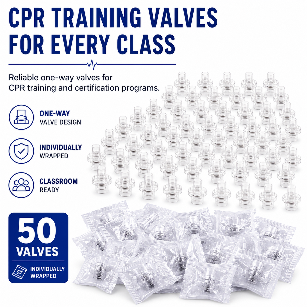 50 Pack - Practice CPR Training Valves - Fits All Adult Child and Infant Training Rescue Masks – Individually Wrapped Valve
