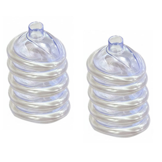 Ten clear pocket CPR training masks stacked in two piles of five