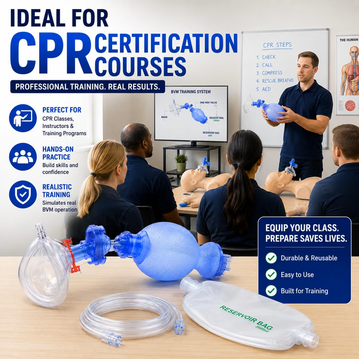 Pediatric CPR Manual Resuscitation Training Kit - Includes Pediatric CPR Training Mask, 1 Pediatric Valve Squeeze Bag, 1 Reservoir Bag and 1 Oxygen Line - Full BMV kit